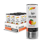 CELSIUS lata frontal pack de 12 mostrando diseño y sabor mango limonada