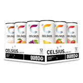 CELSIUS pack frontal mostrando las 12 latas y variedad de sabores como energía rápida
