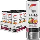 CELSIUS lata frontal mango maracuyá mostrando diseño y beneficio refrescante