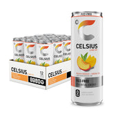 CELSIUS lata frente mostrando diseño y sabor peach mango, ideal para energizar