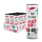 CELSIUS lata frontal Peach Vibe mostrando diseño y conveniencia