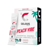 CELSIUS frontal del paquete PEACH VIBE mostrando 14 sobres y ventajas portátiles