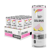 CELSIUS lata frontal Pink Lemonade mostrando diseño y beneficios