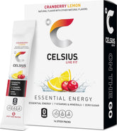 CELSIUS paquete frontal mostrando los 14 sobres y beneficios portátiles