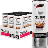 CELSIUS lata frontal mostrando diseño cola y beneficios energéticos