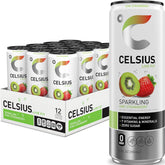 CELSIUS lata frente mostrando etiqueta kiwi fresa y beneficio energía esencial
