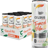 CELSIUS lata frontal Tropical Vibe mostrando diseño y sabor tropical