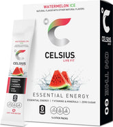 CELSIUS paquete frontal Watermelon Ice mostrando 14 sobres listo para llevar y ahorro de espacio