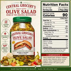 Central Grocery primer plano textura de aceitunas y vegetales con crocancia