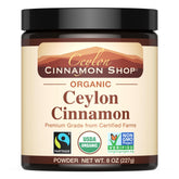 Ceylon Cinnamon Shop paquete frontal mostrando canela orgánica y certificaciones