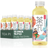 茶π frente de la botella mostrando etiqueta y formato 16.9 fl oz, práctico para llevar