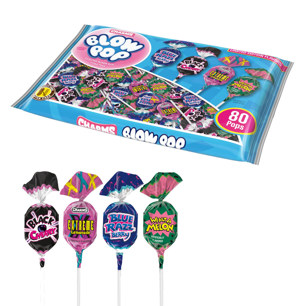 Charms caja frontal de 80 paletas mostrando variedad de sabores y presentación práctica