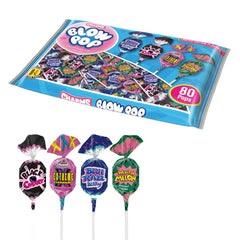 Charms caja frontal de 80 paletas mostrando variedad de sabores y presentación práctica