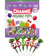 Charms Organic Pops vista frontal bolsa resellable mostrando 265 paletas, conveniencia