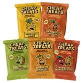 Cheap Treats vista frontal del paquete mostrando 20 bolsas y variedad