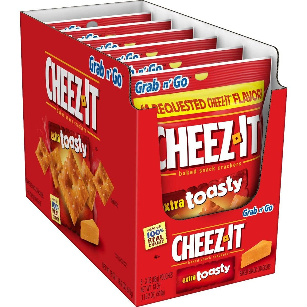 Cheez-It bolsa frontal mostrando galletas extra tostadas, sabor intenso y crujido