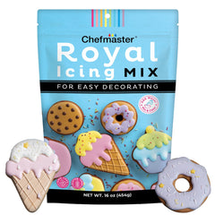 Chefmaster envase frontal del mix de royal icing mostrando diseño y tamaño útil