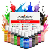 Chefmaster envase frontal mostrando pack de 12 colores, colores intensos