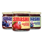Chia Smash frascos frontales mostrando las tres variedades y conveniencia