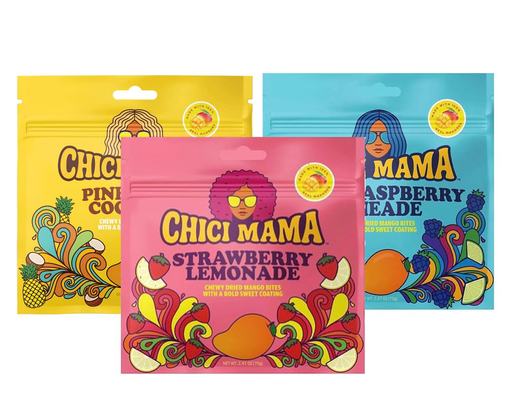 Chici Mama paquete frontal mostrando los tres sabores y beneficio de compartir