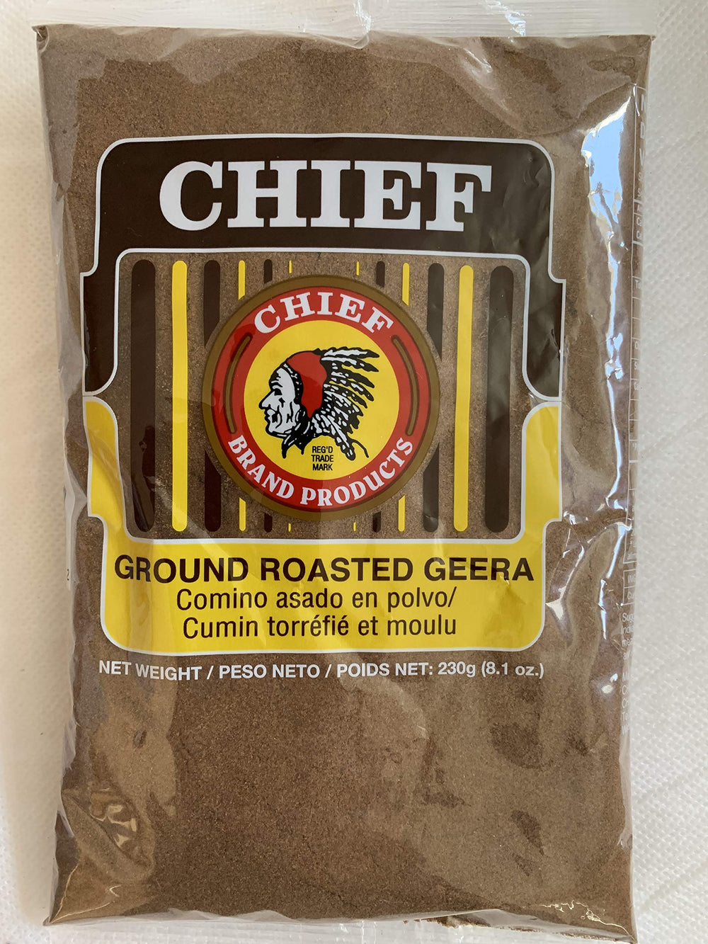Chief Geera envase frontal mostrando 230g y etiqueta clara, conveniencia inmediata