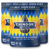 Chinook Seedery frente del empaque muestra sabor parmesano y pimienta beneficios práctico