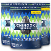 Chinook Seedery frente del paquete mostrando sabor jalapeño ranch y conveniencia