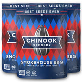 Chinook Seedery empaque frontal muestra pack de tres bolsas y sabor Smokehouse BBQ
