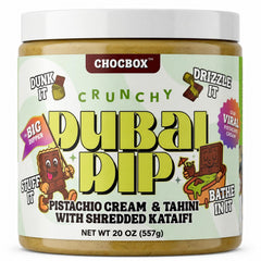 Chocbox Dubai Dip tarro frontal mostrando etiqueta y tamaño