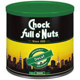 Chock Full o' Nuts lata frontal 24 oz mostrando sello de descafeinado y beneficio de frescura