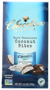 Chocolove bolsa frontal de Coconut Bites mostrando el empaque portátil y conveniente