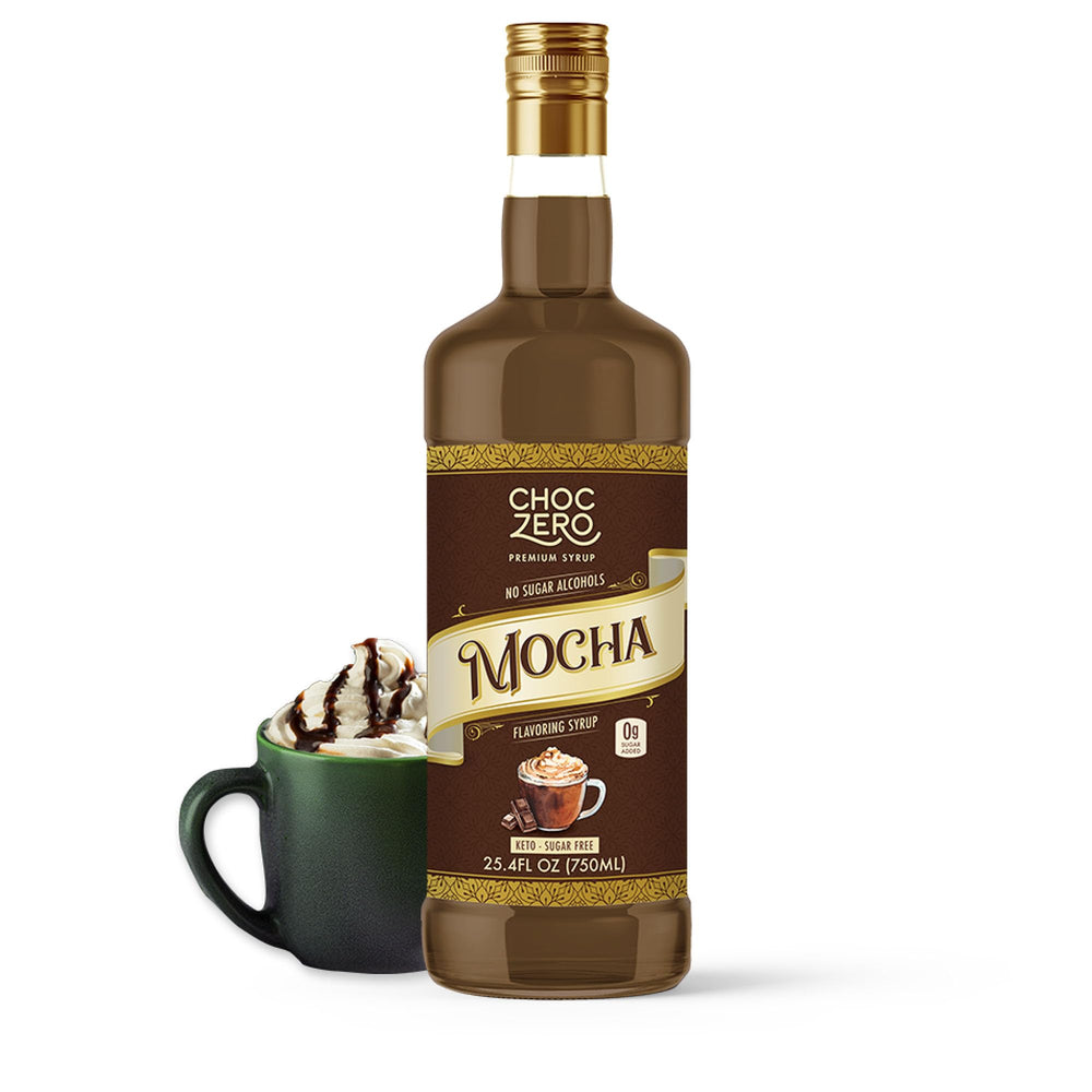 ChocZero vista frontal de la botella mostrando tamaño y etiqueta, facilita elegir sabor