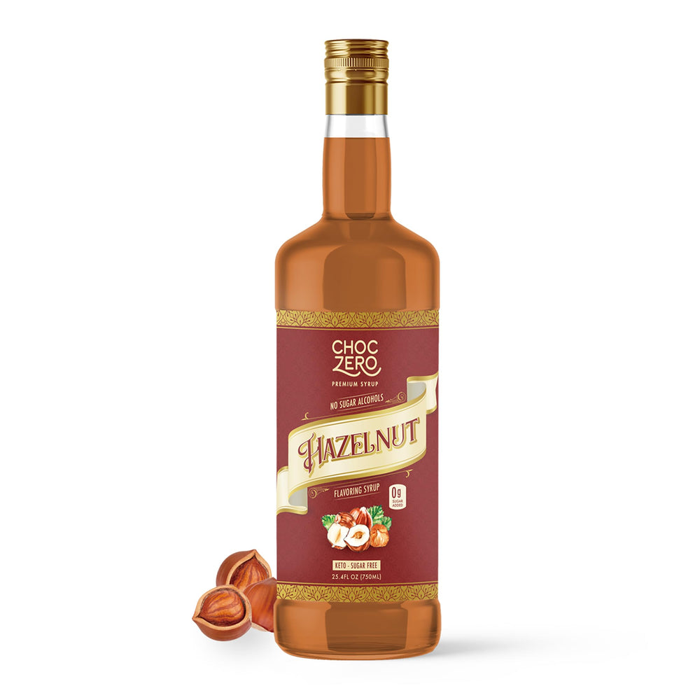 ChocZero botella frontal con jarabe de avellana mostrando el tamaño y etiqueta