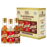 ChocZero pack frontal con botellas de vainilla caramelo avellana, selección práctica