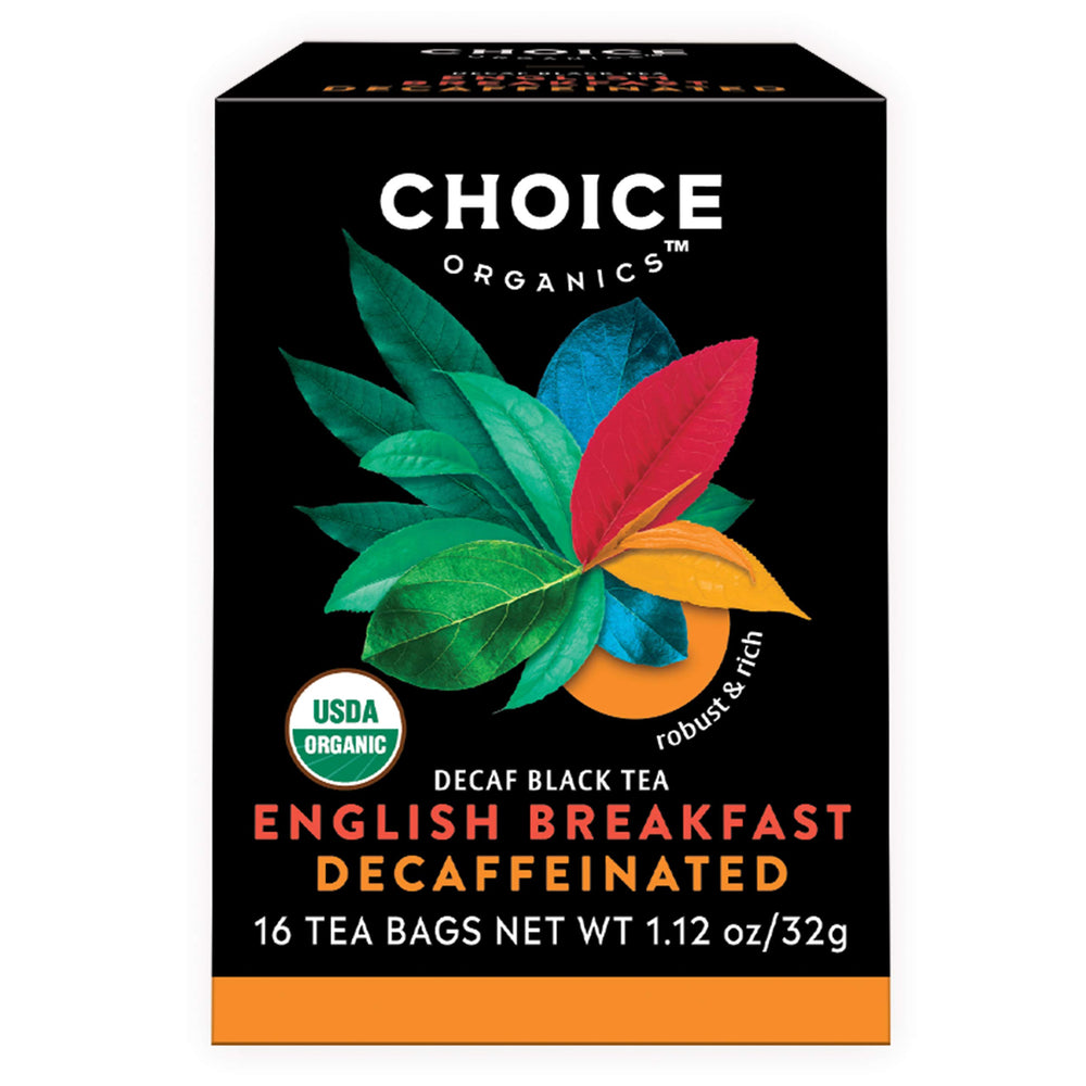 Choice Organic Teas caja frontal con diseño y nombre del té, presenta sabor robusto