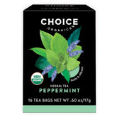 Choice Organic Teas vista frontal del paquete mostrando 16 bolsas y certificaciones