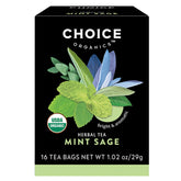 Choice Organic Teas frontal del empaque mostrando diseño y beneficios ecológicos