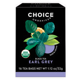 Choice Organic Teas empaque frontal mostrando 16 bolsitas y beneficios sostenibles