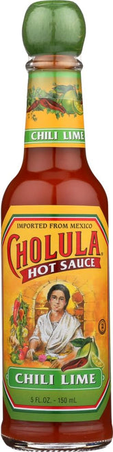 cholula botella frontal mostrando etiqueta Chili Lime y versatilidad