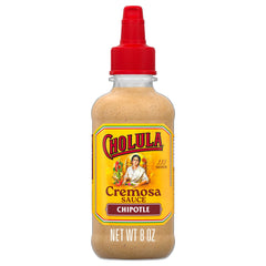 Cholula cremosa chipotle botella frontal, muestra diseño y uso fácil