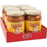 Cholula frasco frontal mostrando etiqueta y tapa de madera, ideal para despensa