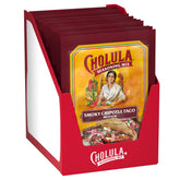 Cholula empaque frontal mostrando el sobre y marca, conveniencia inmediata