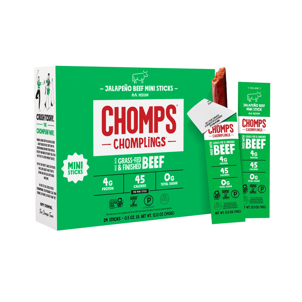 Chomps empaque frontal mostrando 24 unidades y conveniencia portátil