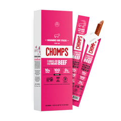 Chomps empaque frontal mostrando 10 sticks y beneficios nutricionales
