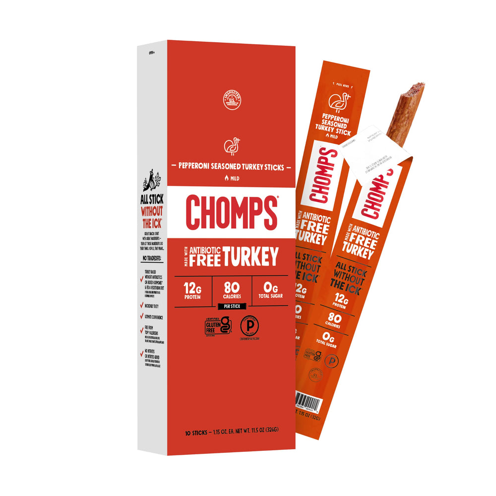 Chomps envase frontal mostrando Pepperoni Turkey y conveniencia