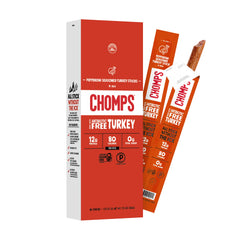 Chomps envase frontal mostrando Pepperoni Turkey y conveniencia