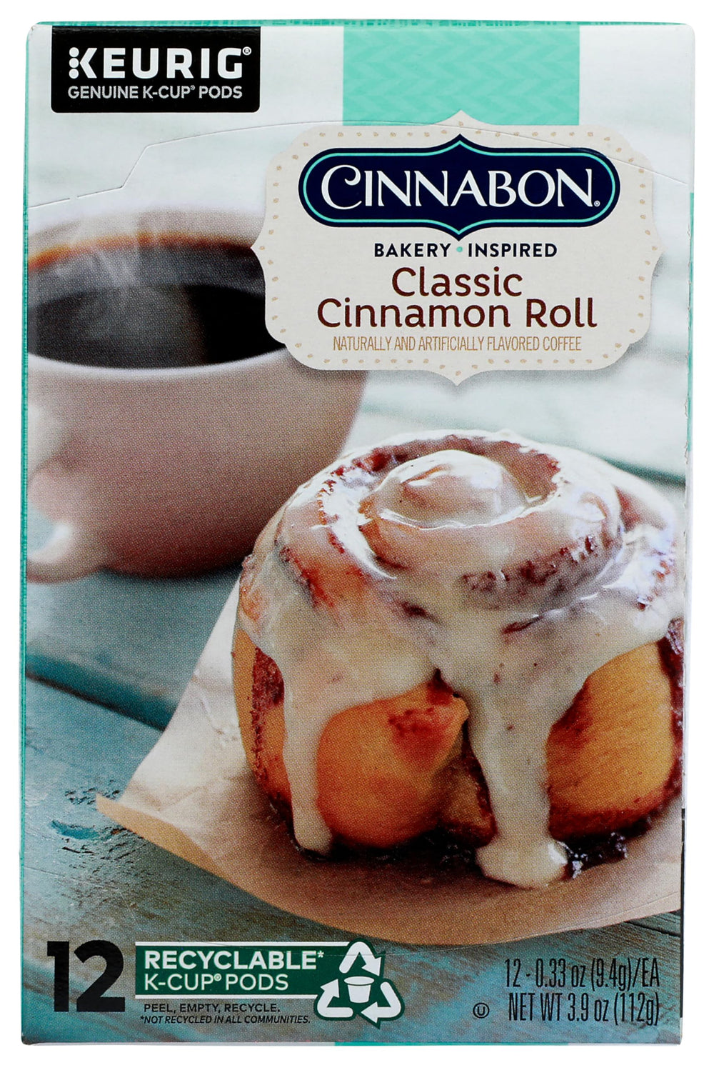 CINNABON vista frontal del paquete de 12 K-Cups mostrando conveniencia