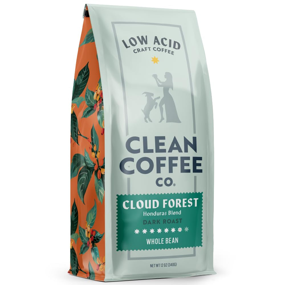 Clean Coffee Co empaque frontal mostrando mezcla Honduras y beneficios de baja acidez