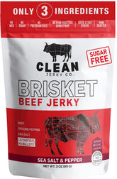 Clean Jerky Co paquete frontal mostrando tamaño y marca, ideal para llevar
