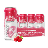 Clean Simple Eats lata frontal Blizzard Berry mostrando etiqueta y 20g proteína
